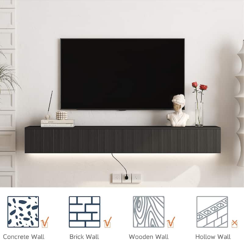 Modern Floating Wall-Mounted TV Cabinet, for 55, 60 and 65 Inch TVs, with 16-Color LED Lights, for Living Rooms, Black