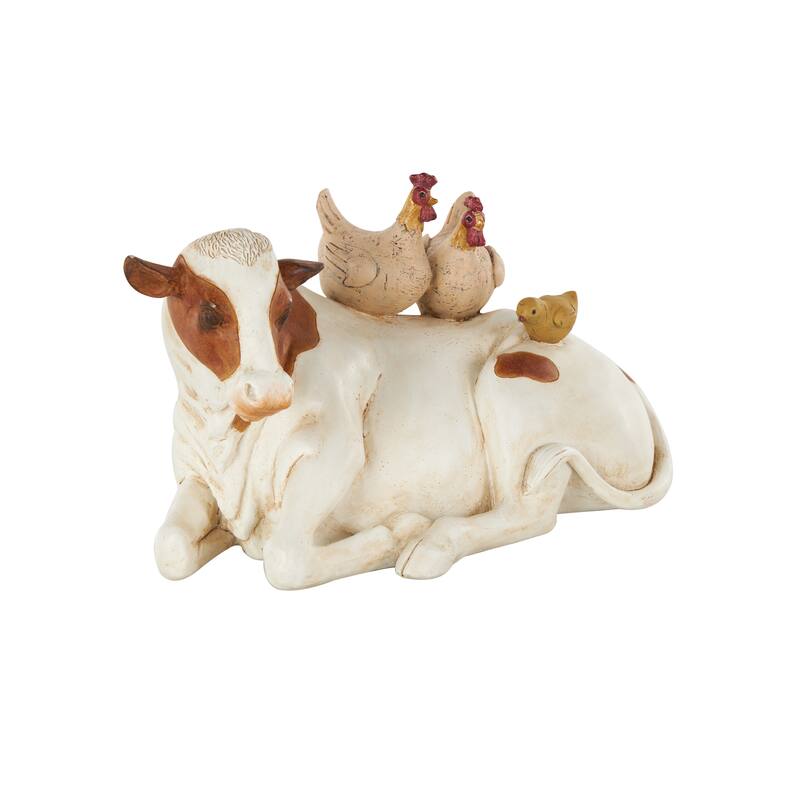 Polystone Cow Decorative Sculpture with Sitting Roosters and Chicks - Copper or Cream