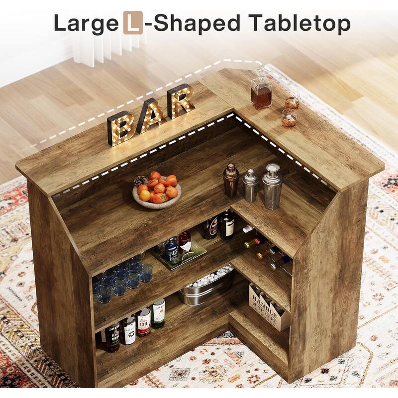 L Shaped Home Bar Cabinet Table with Stemware Racks, 4-Tier Corner Bar Unit Liquor Wine Bar Table
