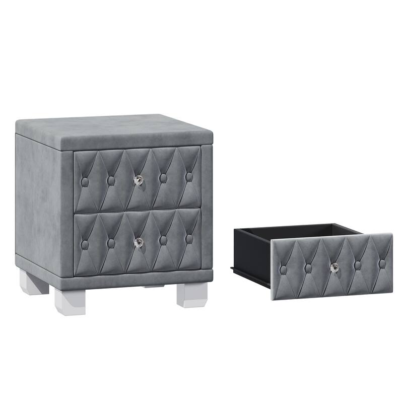 Elegant Velvet Nightstand with 2 Drawers and Crystal Handle,Storage Bedside Table with Button-Tufted,Grey