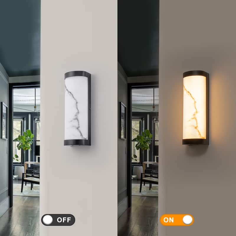 Black LED Wall Sconce Semi-Cylinder White Faux Alabaster Resin Shade