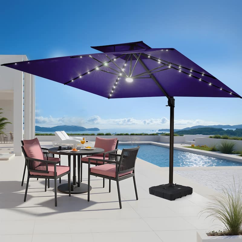 Pellebant 9x11FT Outdoor Dual Top Cantilever Patio Umbrella LED Light with HDPE Base - NavyBlue