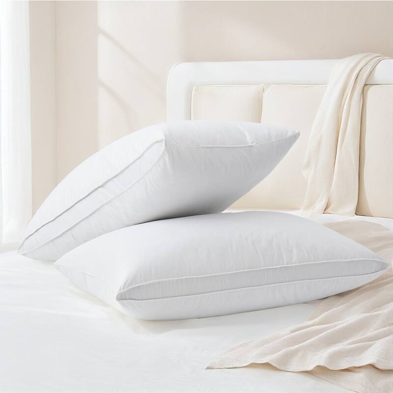 Medium-Firm Goose Feather Down Pillow with Gusset, Medium Neck Support for Stomach, Side and Back Sleepers - White