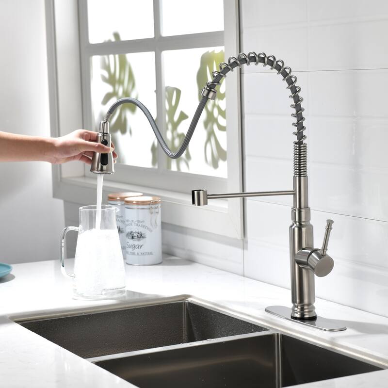 Spring Kitchen Faucet, Single Level Handle and Pull Down Sprayer