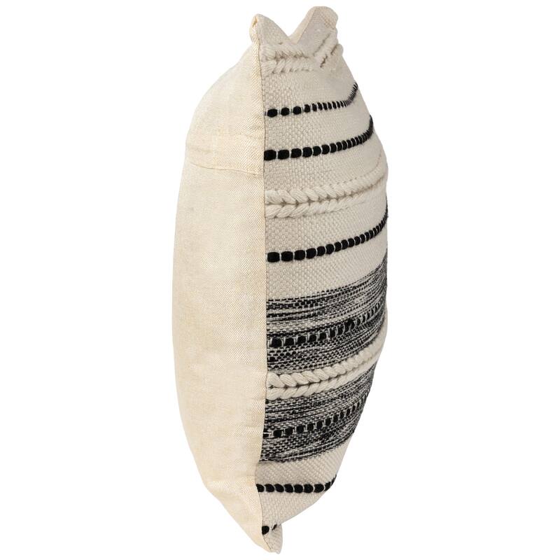 20" Cream and Black Twisted Textured Block Handloom Woven Outdoor Square Throw Pillow