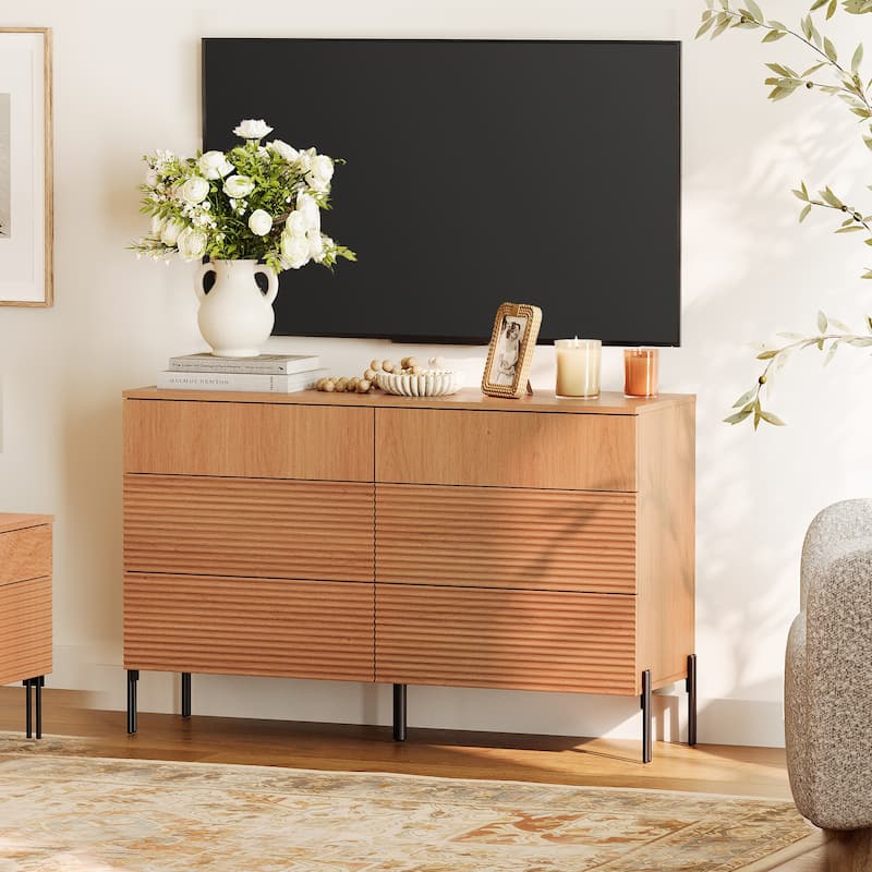 WAMPAT 47" Modern 6 Drawer Dresser TV Stand For 55 Inch TV, Reeded Entertainment Center, Wood TV Console With Storage