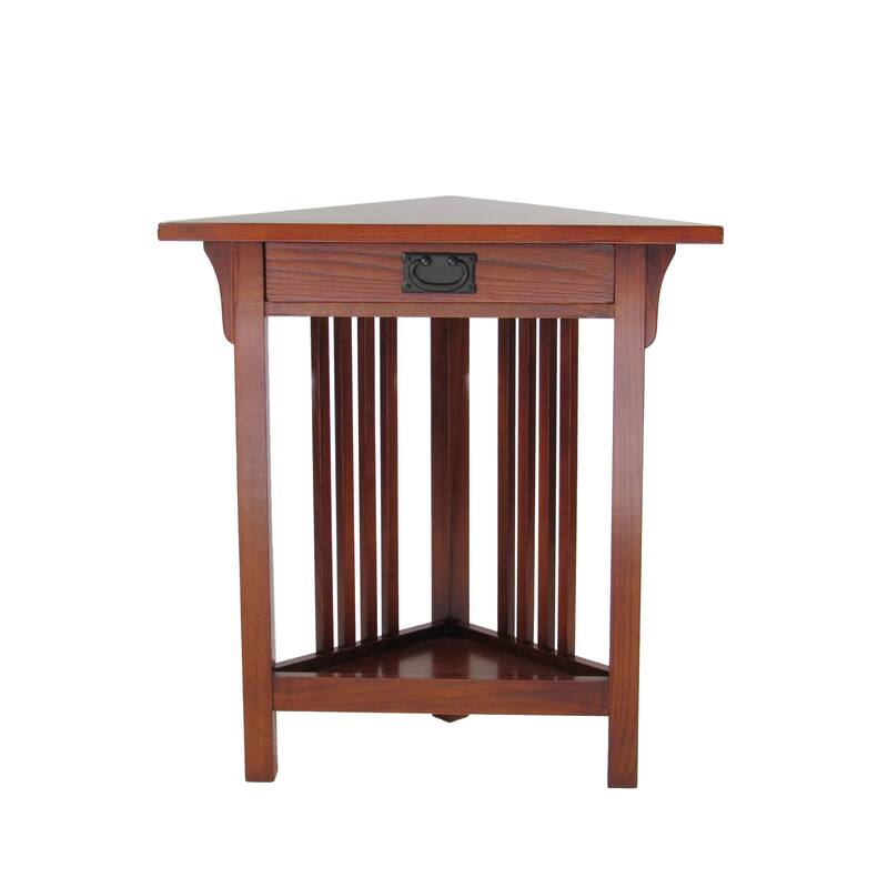 Mission Style Wooden Corner Table with 1 Drawer and Bottom Shelf, Brown