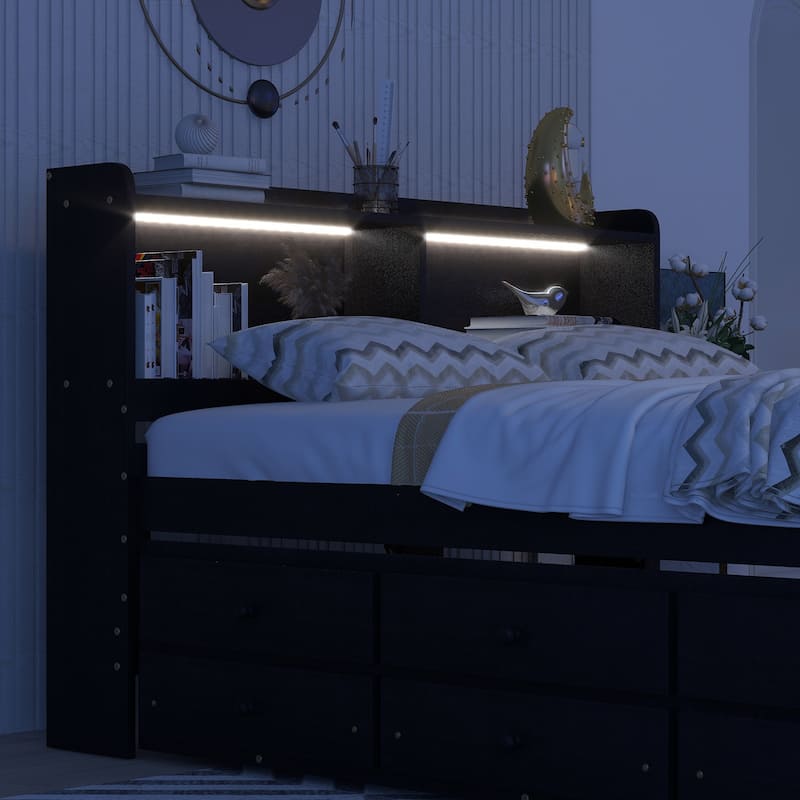 Full Size Bed with USB & TypeC Ports, LED light, Bookcase Headboard, Trundle and 3 Storage