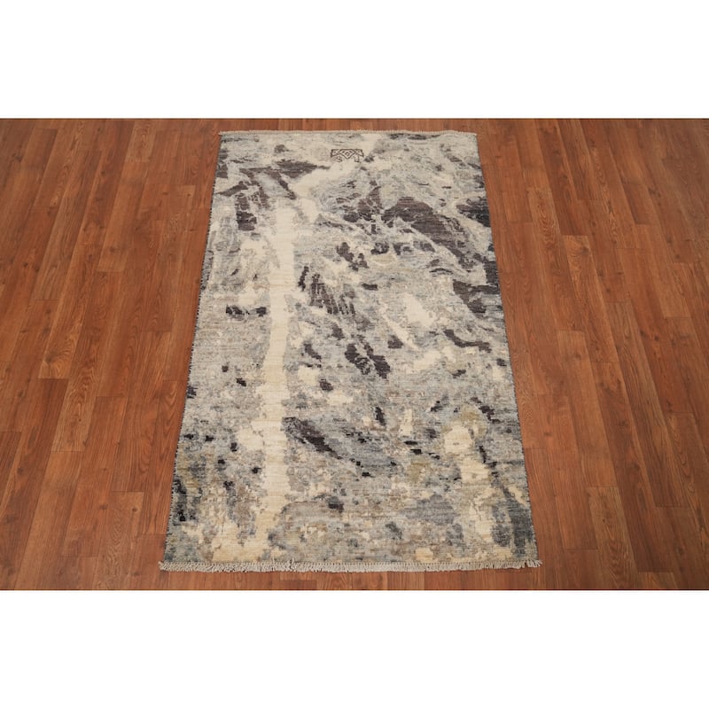 Hand Knotted Oriental 100% Wool Carpet Modern Abstract Greys & Charcoal Modern Area Rug - 4' 7'' X 2' 10''