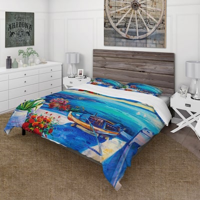 Designart 'Sea VIew With Little Red Flowers' Nautical & Coastal Duvet Cover Set