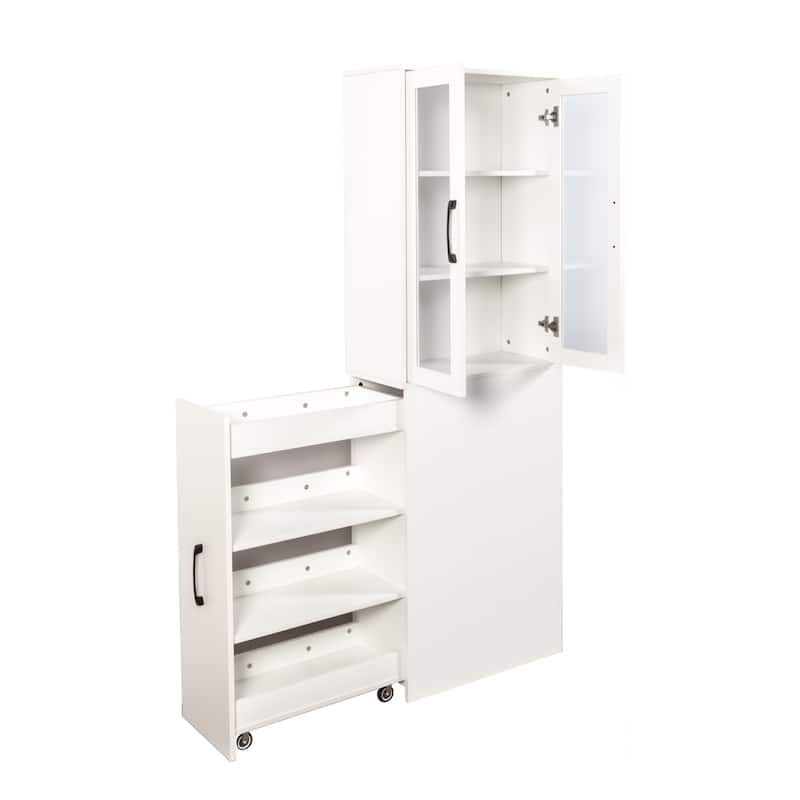Glass Display Cabinet 3-Tier Bookcase for Collectibles, Wood Storage Cabinet with Door & 4-Tier Pull-Out Shelves for Living Room