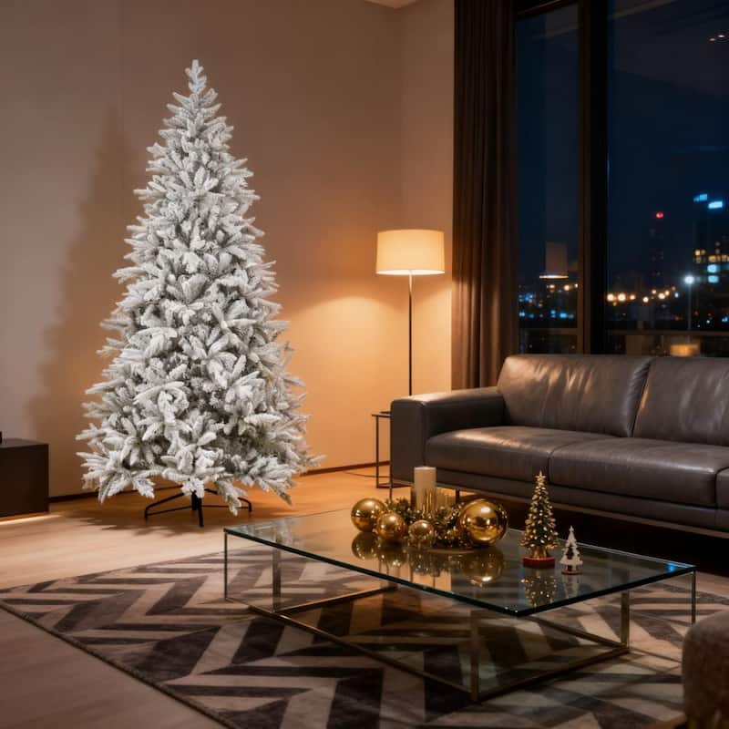 Flocked Artificial Christmas Tree - Snow Tips, Hinged Branches, Festive Decor - Green