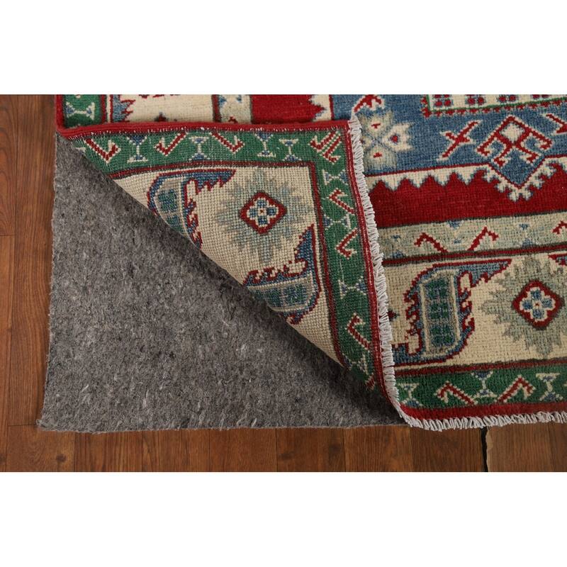 Red Geometric Kazak Runner Rug Handmade Wool Carpet - 4'0" x 13'5"