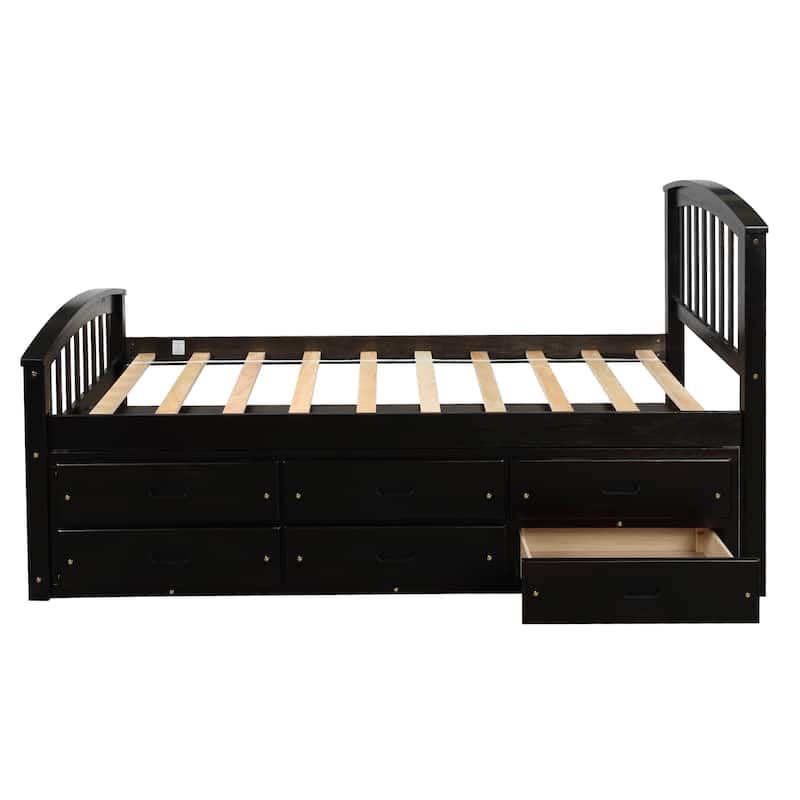 Twin Size Platform Captains Storage Bed Solid Wood Daybed with 6 Drawers Bookcase Bed Low Profile Bed Panel Bed