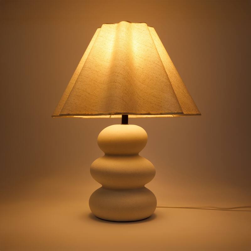 Brightech Kelsey 17.7 in. Speckled Beige Bohemian LED Rounded Bedside Desk Table Lamp with Beige Linen Empire Shade