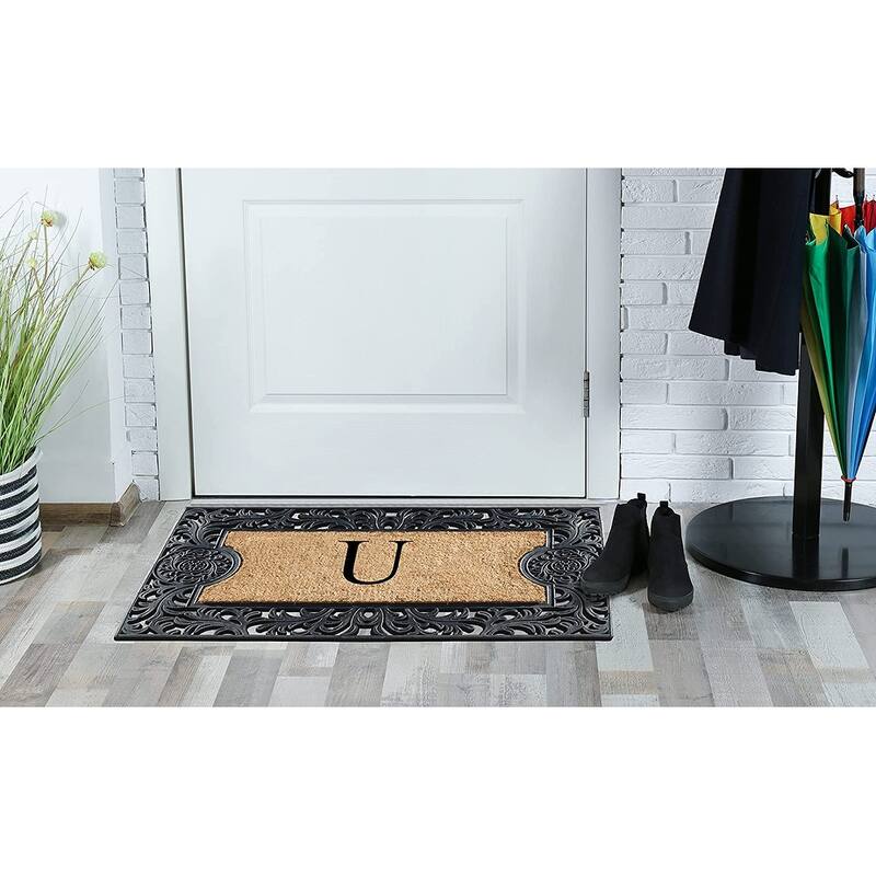 A1HC Floral Border Rubber and Coir Large Outdoor Durable Monogrammed Doormat, Black - 23" X 38"