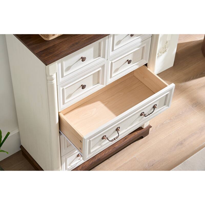 Anmytek White and Walnut 7 Drawer Dresser - Farmhouse Bedroom Storage with Mixed Hardware