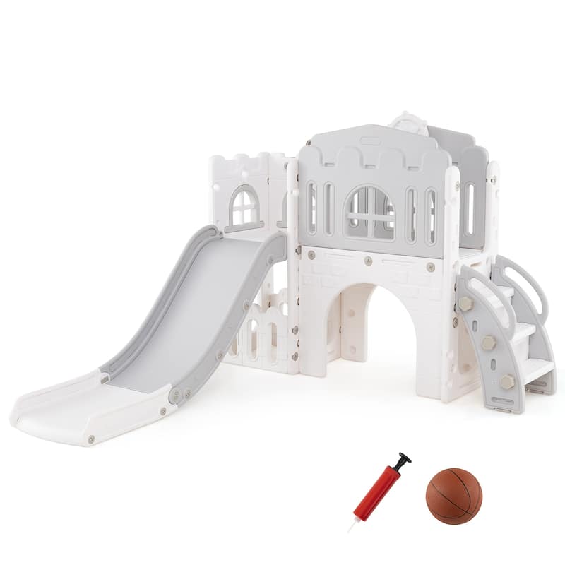9 in 1 Toddler Slide and Climber Playset with Basketball Hoop Tunnel and Storage Indoor Outdoor Playground for Kids - Gray