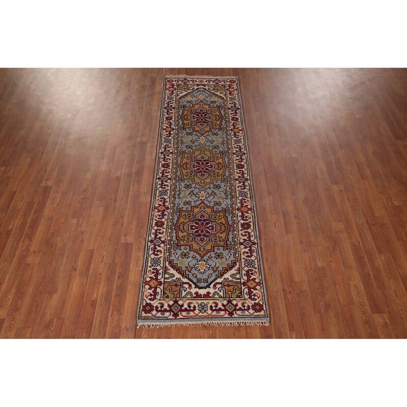 Light Blue Heriz Serapi Oriental Runner Rug Hand-Knotted Wool Carpet - 2'6"x 8'1"