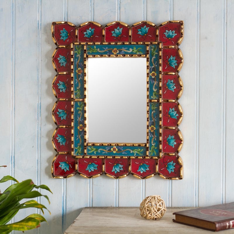 Novica Handmade Cusco Blossoms In Red Reverse-Painted Glass Wall Mirror