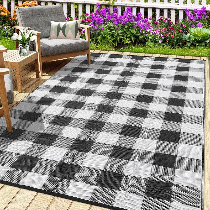 Outdoor Rug Waterproof Reversible Rug Indoor Outdoor Plaid Area Rug Plastic Straw Rug for Camping RV Backyard Patio - 9'x12' - Black/White