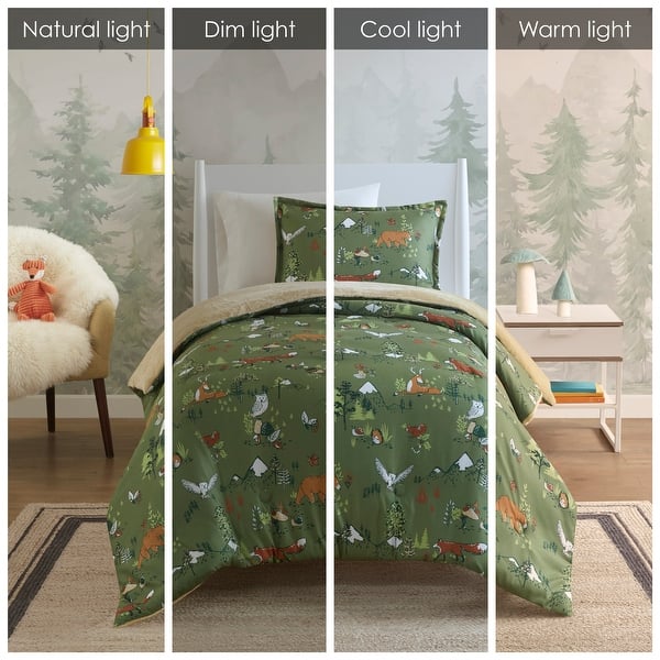Kids Reversible Quilt Set - Full/Queen Size, Cartoon Bear & Forest Animals, 3-Piece Lightweight Bedding