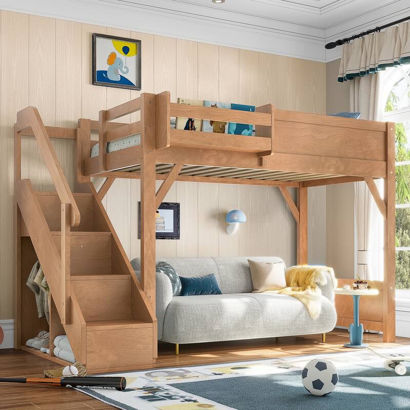Full/Twin Loft Bed with Built-in Wardrobe, Storage & Stairs - Solid Wood, Full-Length Guardrails, No Box Spring - Antique Natural - Twin