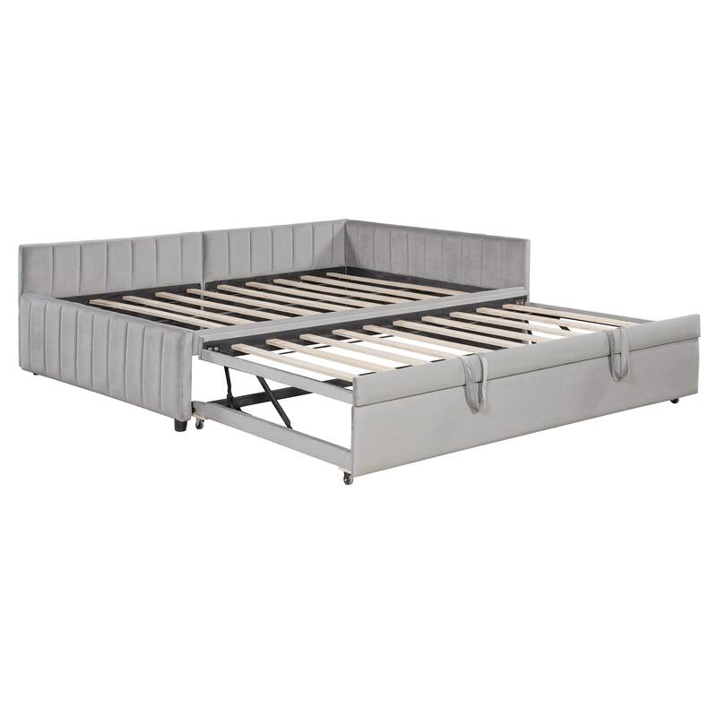 2-in-1 Daybed with Pop Up Trundle Bed, L-Shaped Upholstered Daybed Convertible Platform Bed, Vertical Stripes Frame Sofa Bed