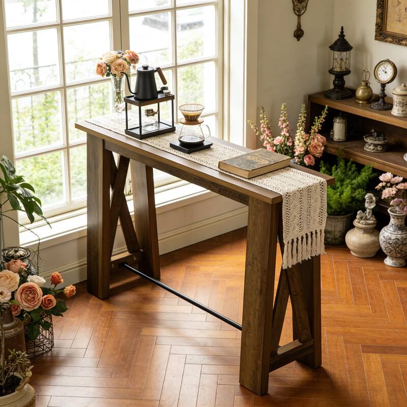 63" Counter Height Console Table, Farmhouse Entryway Table with Metal Footrest, Rectangular Narrow Kitchen Dining Table