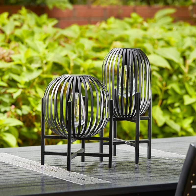 Glitzhome Outdoor Black Metal Striped Freestanding Solar Lantern Deck Lamp