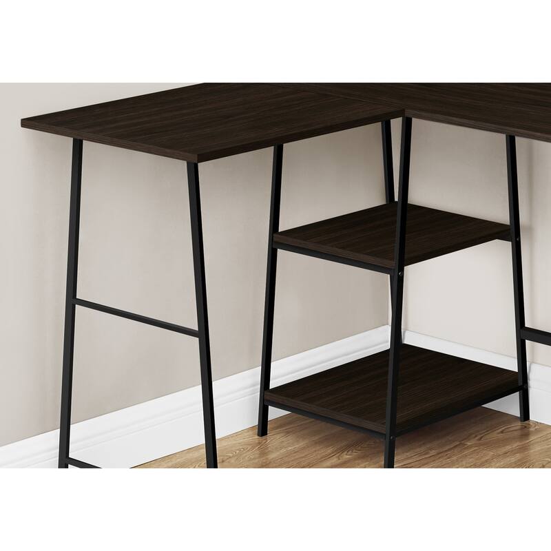 Industrial Corner Computer Desk with Storage Shelves and Metal Sawhorse Legs