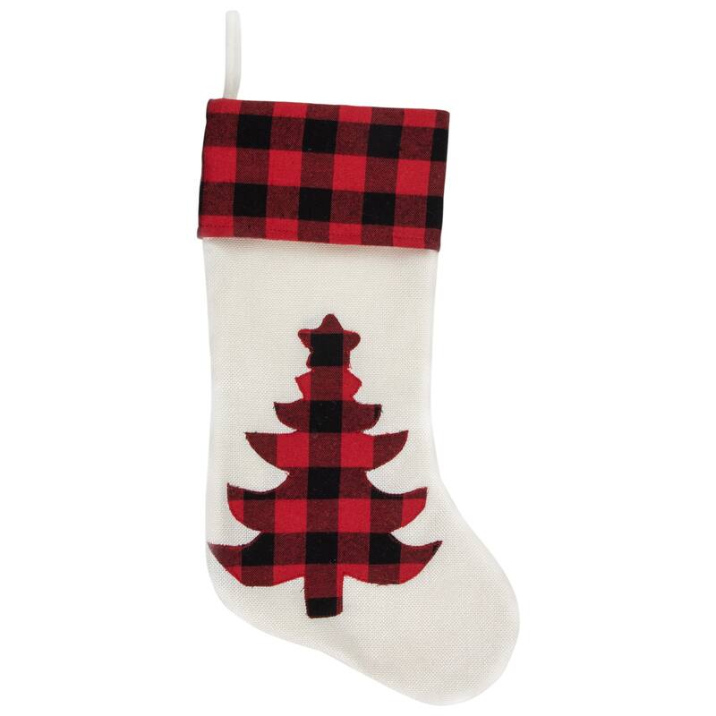 20" Cream White Red and Black Buffalo Plaid Tree Christmas Stocking