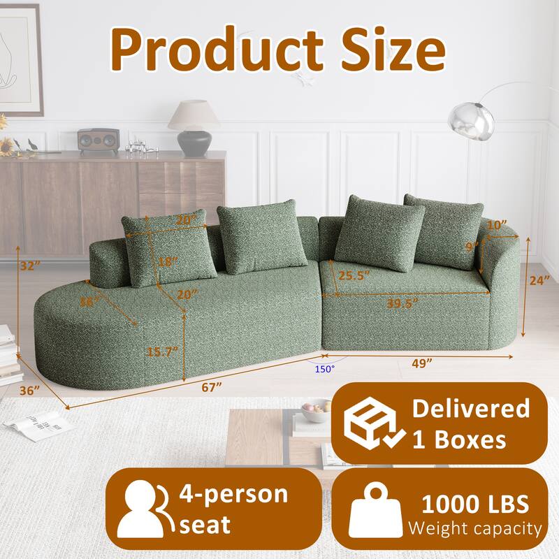 Modular Curved Sectional Sofa, Oversized Chenille Cloud Couch, Compressed Upholstered Sofa with 4 Throw Pillows - Green