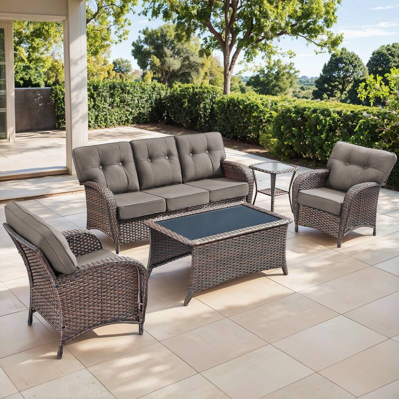 Gymojoy Outdoor Wicker Patio Furniture Set, 5" Thick Cushioned Rattan Conversation Set with Sofa & Chairs