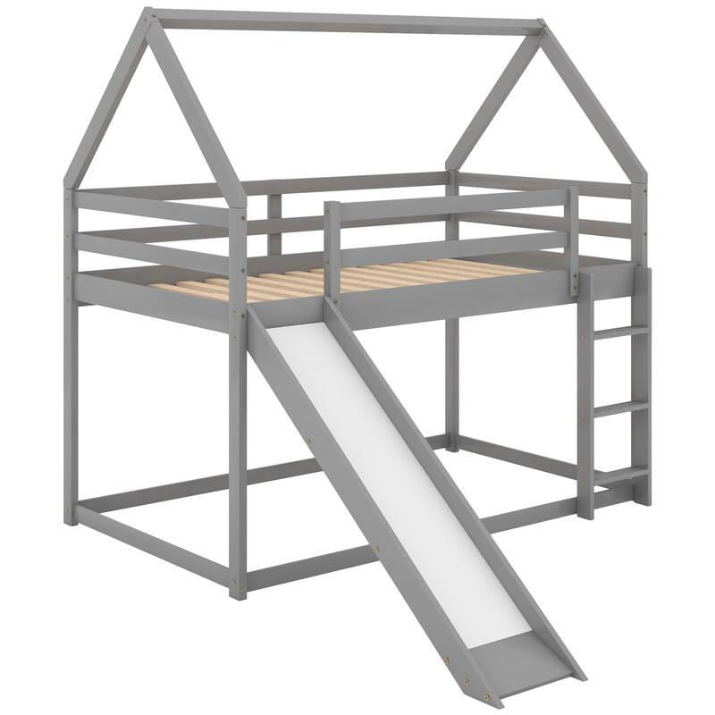 Roomfitters Twin Size Bunk House Bed with Slide and Ladder, Fun Design and Durable Wood Frame