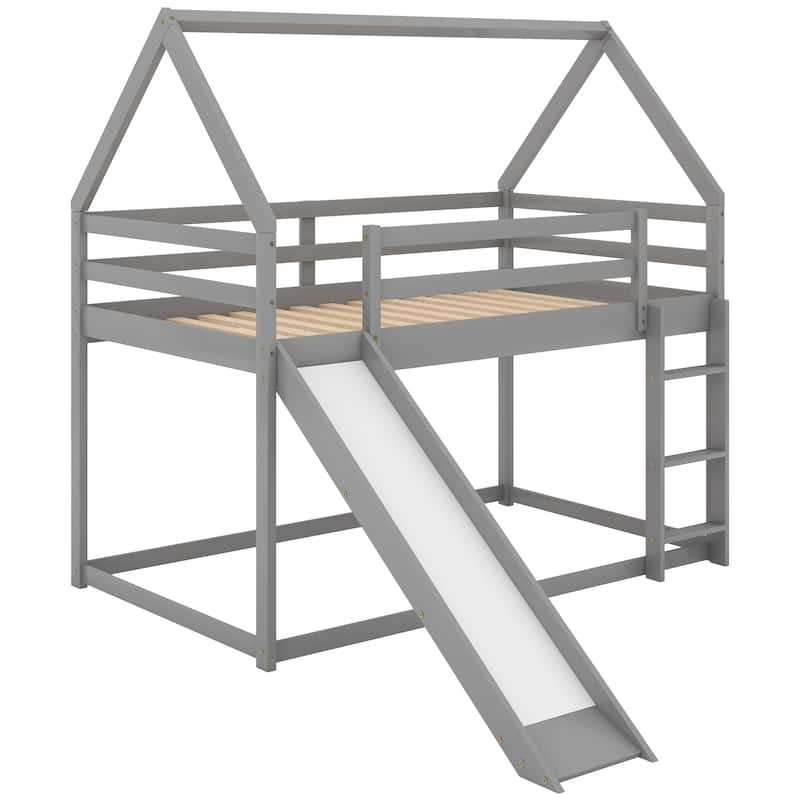Twin Size Bunk House Bed with Slide and Ladder, White