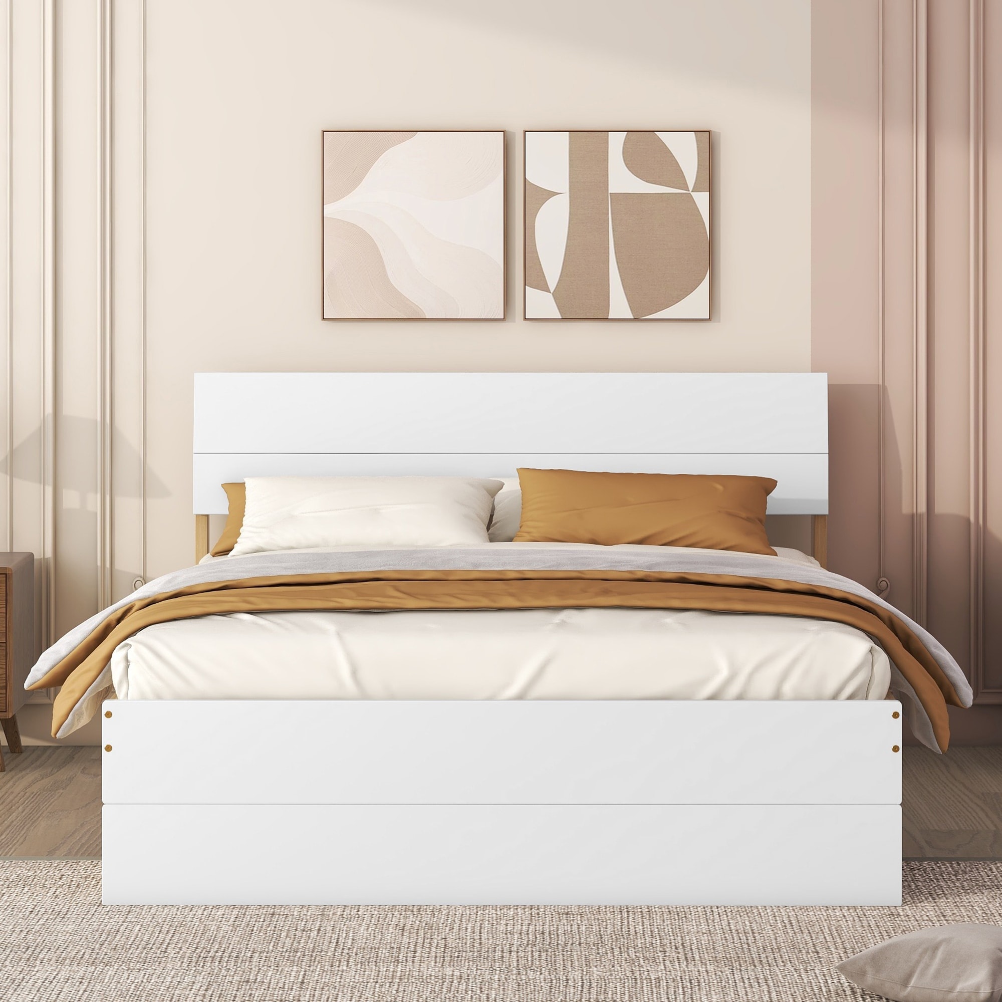 Classic Full Size Bed with Twin Size Trundle Bed Frame and 2 Drawers for Kids Teens Adults Space-Saving, Easy Assembly