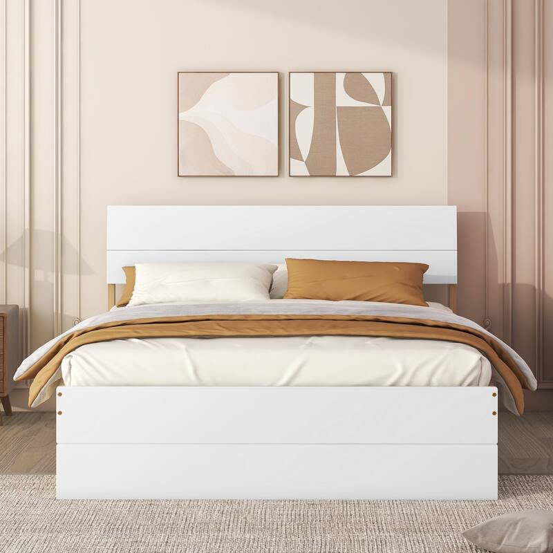 White High Gloss Full Bed Frame with Twin Trundle, 2 Storage Drawers & Light Oak Finish