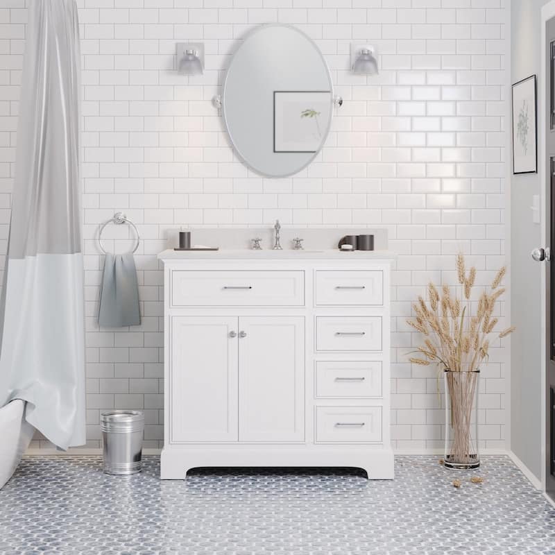 KitchenBathCollection Aria 36" Bathroom Vanity with Quartz Top - White