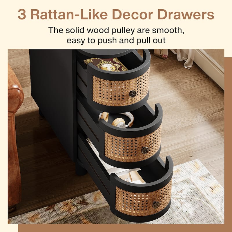 Solid Wood End Table, 3-Drawer Rattan Side Table, Night Stand with Exquisite Embossed Handles