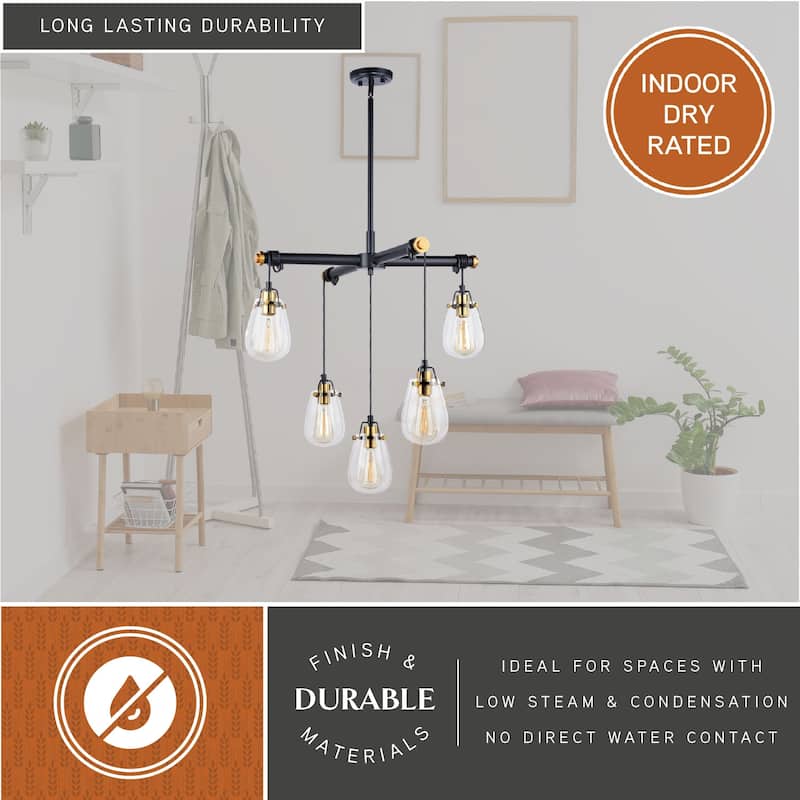 Kassidy 5-Light Industrial Black and Brass Chandelier with Teardrop Glass - 26.5-in W x 16-in H x 26.5-in D