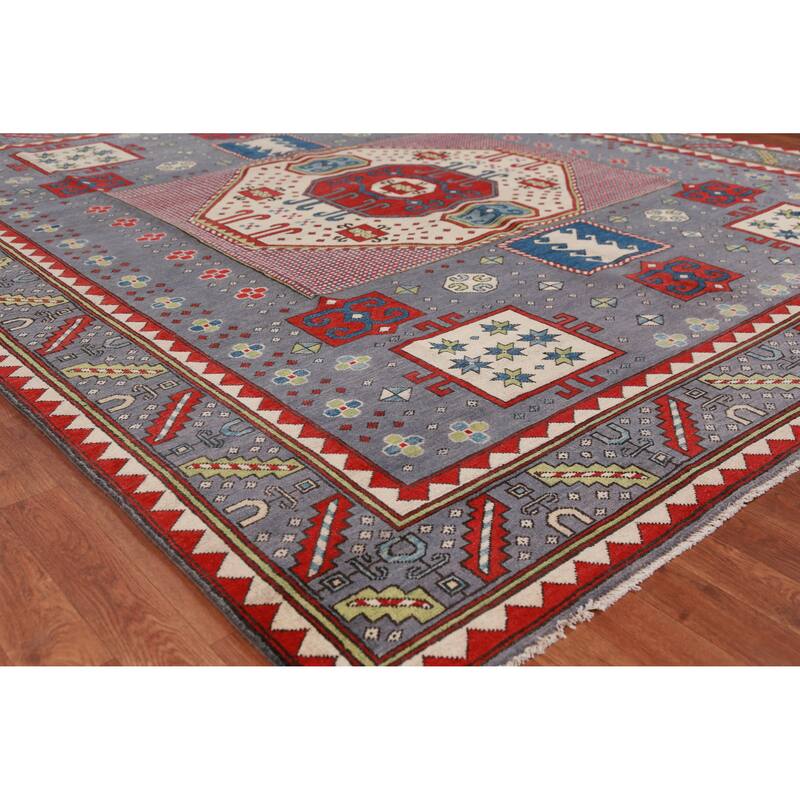 Hand Knotted Oriental 100% Wool Carpet Traditional Medallion Navy Blue & Blues Kazak Area Rug - 9' 7'' X 8' 4''