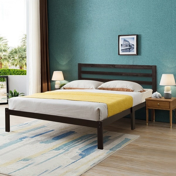 Gymax Solid Wood Platform Bed Headboard Design Queen Size Bed Frame Wood Slat Support Espresso On Sale Overstock 29010632