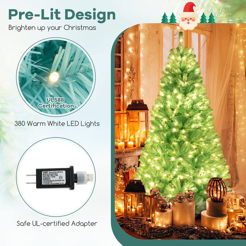 Gymax 7 FT Artificial Xmas Tree w/ 1040 Branch Tips 380 Warm White LED - See Details