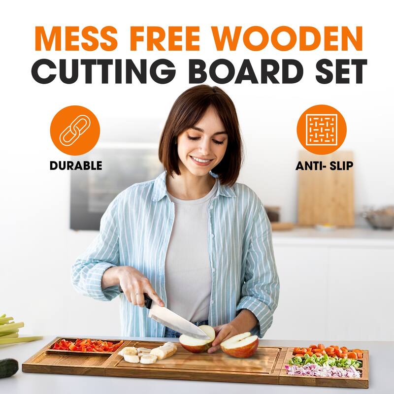 Cheer Collection Acacia Cutting Board Set with Magnetic Trays