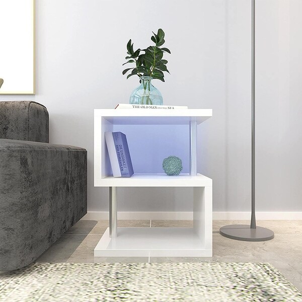 3 Tier S Shaped End Table High Gloss Side Table With Open Storage Shelf And USB Power Supply White LED Coffee Table Bed Bath Beyond 41236958