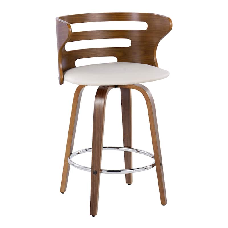 Carson Carrington Cranagh 26" Fixed-Height Counter Stool with Bent Wood Legs (Set of 2) - Cream Faux Leather/Walnut Wood/Chrome