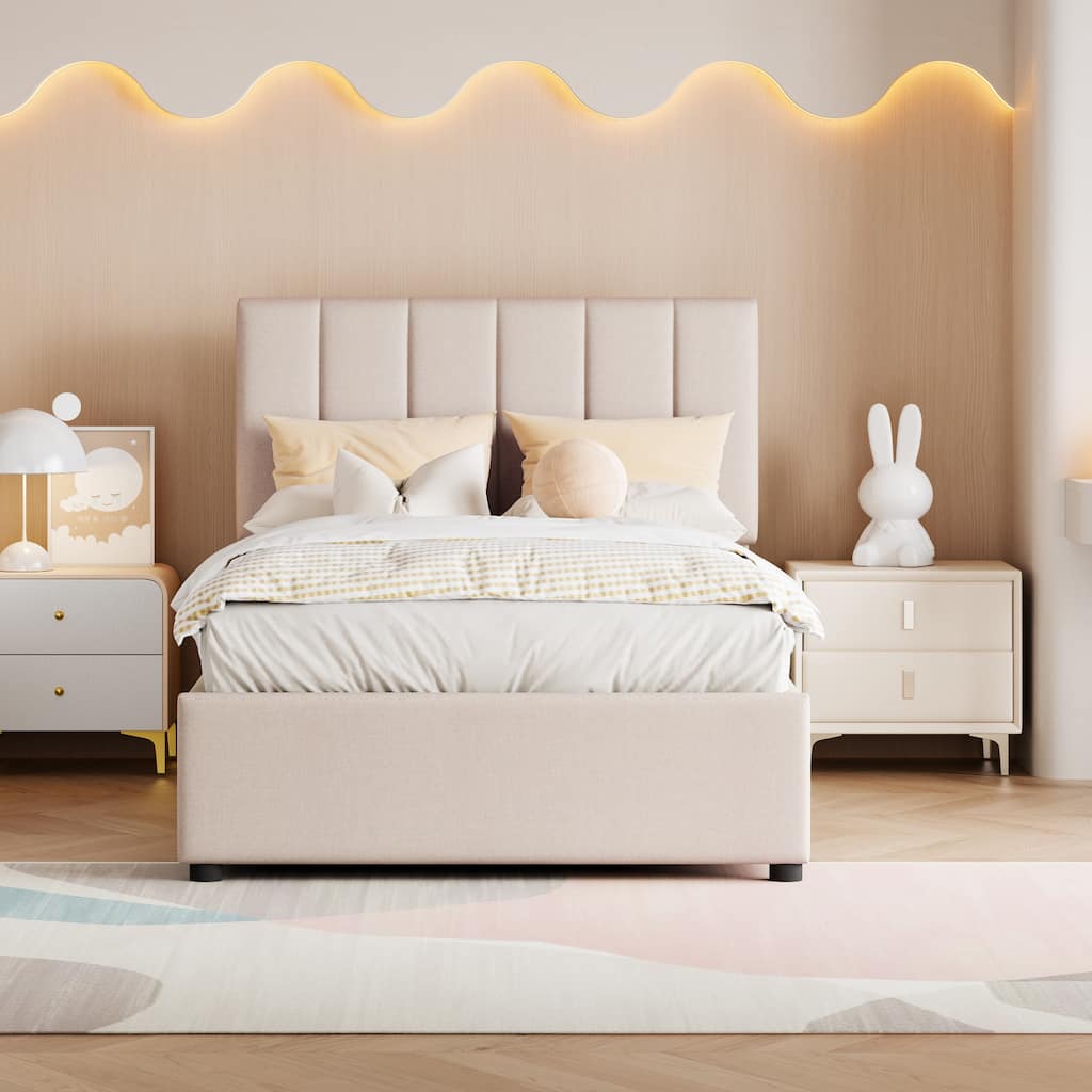 Beige Twin Size Upholstered Platform Bed with a Hydraulic Storage System