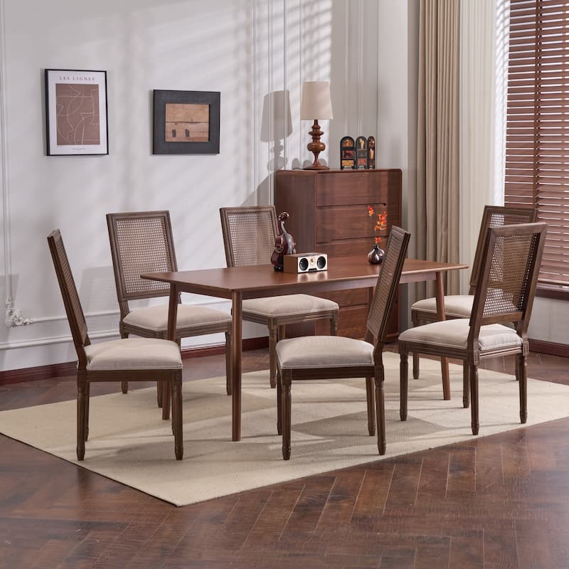 Christopher Knight Home - French Country Dining Chairs Set with Elegant Cane Backrest & Upholstered Seats with Fluted Legs - Set of 6 - Beige + Walnut