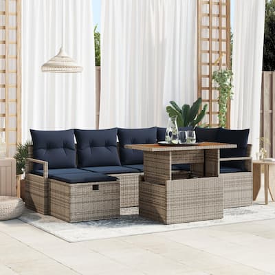 vidaXL 7 Garden Sofa Set with Cushions Black/Grey Poly Rattan - 91.3 x 48 x 27.2